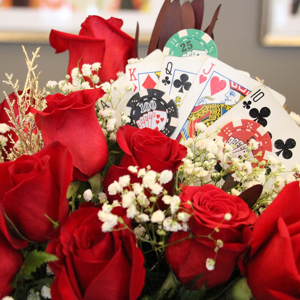 Full House Playing cards in a Rose Bouquet